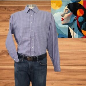 Kirkland Men's Tailored Fit Non-Iron Dress‎ Shirt Blue Plaid Size 17-34/35 XL